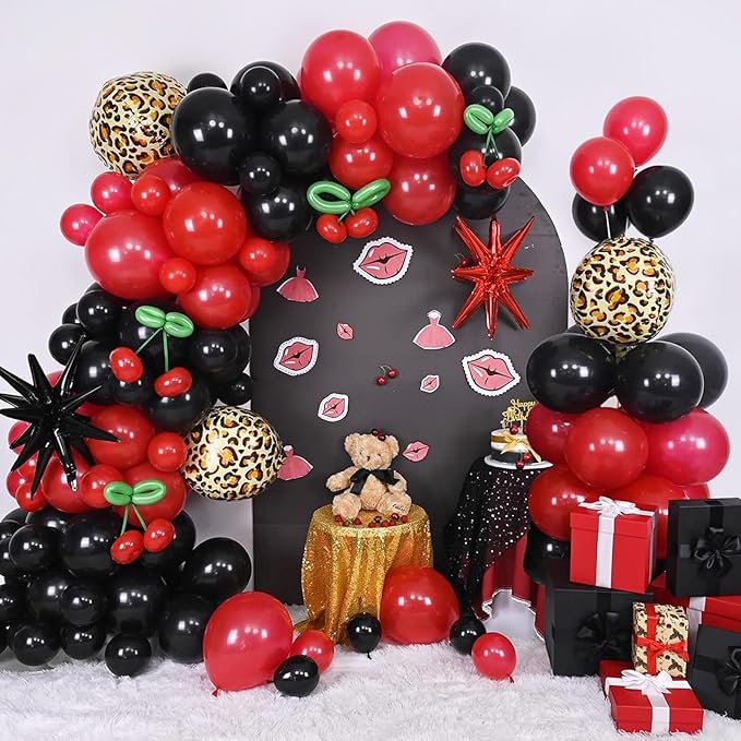 Red Black Balloons Garland Arch Kit, 133pcs Green Cherry Black Red Explosion Star Foil Balloons, 4D Cheetah Print Mylar Balloons for Berry Themed Birthday Baby Shower Bachelorette Party Decorations