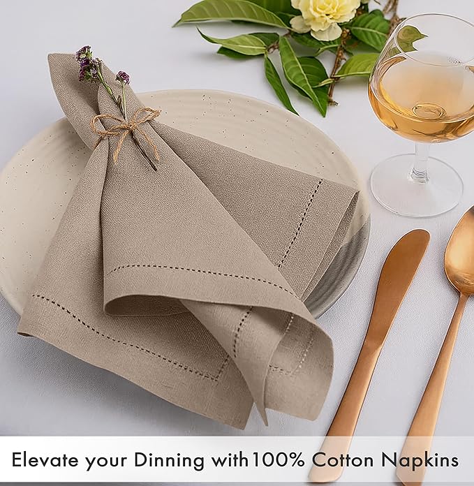 Ruvanti Cloth Napkins - 100% Cotton Dinner Napkins, Hem Stitched Corners, 18x18 Inch, 12 Pack - Soft, Absorbent, Durable, Reusable, Wrinkle Resistant for Formal Dining & Everyday Use - Light Taupe