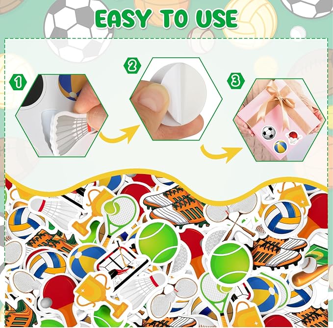 300Pcs Sports Foam Stickers, Self-Adhesive Sport Balls Stickers Basketball Football Baseball Soccer Decals Sticker Decorations for Home Office School Classroom DIY Art Craft Party Supplies