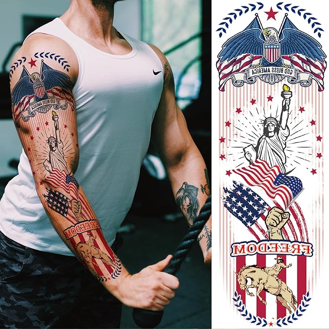 Fourth of July Temporary Tattoo Sleeves for Men Women, 4-Sheet Large Full Arm USA Patriotic 4th of July Fake Tattoo Sleeve Adult and 4-Sheet American Flag Half Temp Tatoo Independence Day