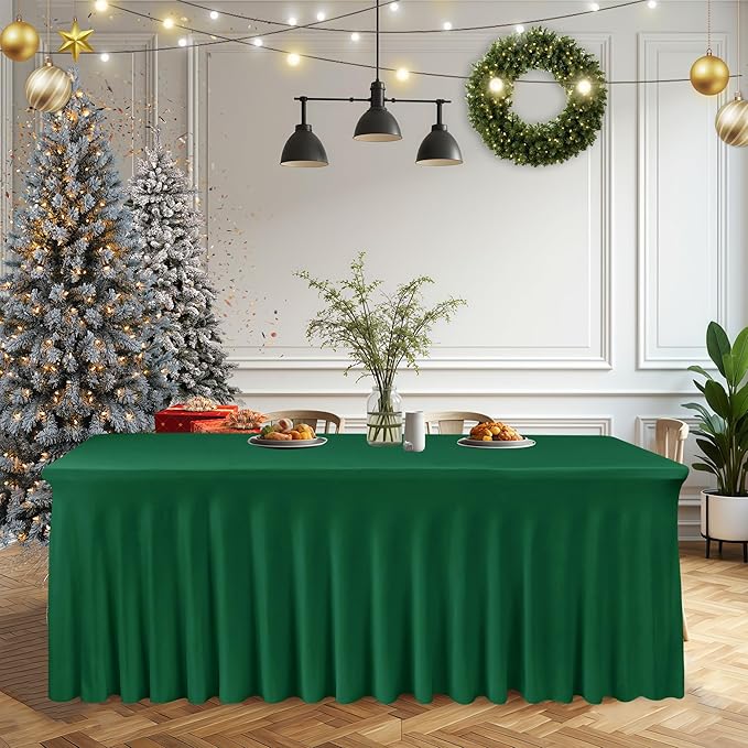 HolidayIdeas 2 Pack Hunter Green Spandex Table Skirt for 6ft Rectangle Desk, 72 Inch Fitted Cover for Christmas Dinner Buffet