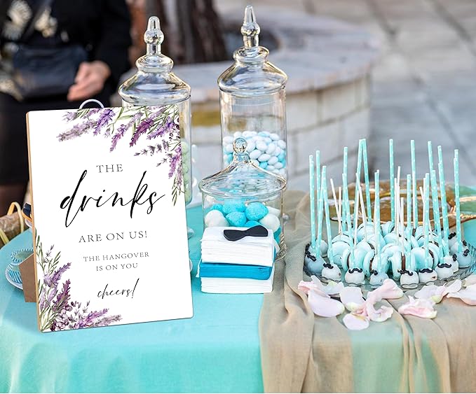 Drink Signs for Party, Lavender Bridal Shower Decorations, Wedding Reception Table Decorations, Engagement Party Decor, Floral Wooden Sign with Stand for Wedding Reception And Bridal Party Decor, 39