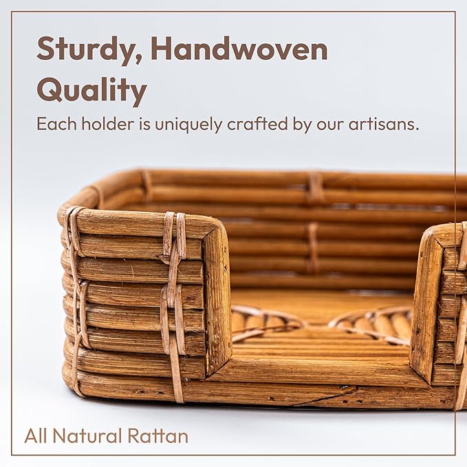 Square Rattan Napkin Holder for Bathroom, Made in Indonesia, 7.5"x7.5" Handwoven Guest Towel Tray for Disposable Paper Napkins, Eco-Friendly Basket for Countertop & Vanity, All Natural Rattan (Honey)