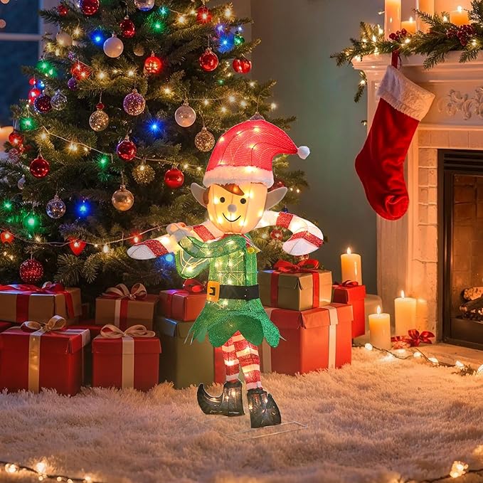 GENIMO 3D Elf Outdoor Christmas Decorations, 70 Lights Pre-Lit Elf with Candy Cane for Holiday Decor Xmas Outside Indoor Home Lawn Yard Garden Patio Stakes Zip Ties(38 in)