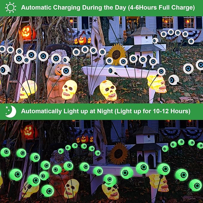 AIKEI Solar Halloween Lights Outdoor, Solar Scary Eyeball Lights, 2 Pack 12 LED Eyeball Swaying Firefly Lights,Waterproof Halloween Decoration for Yard Garden Party Supplies,Green Lights