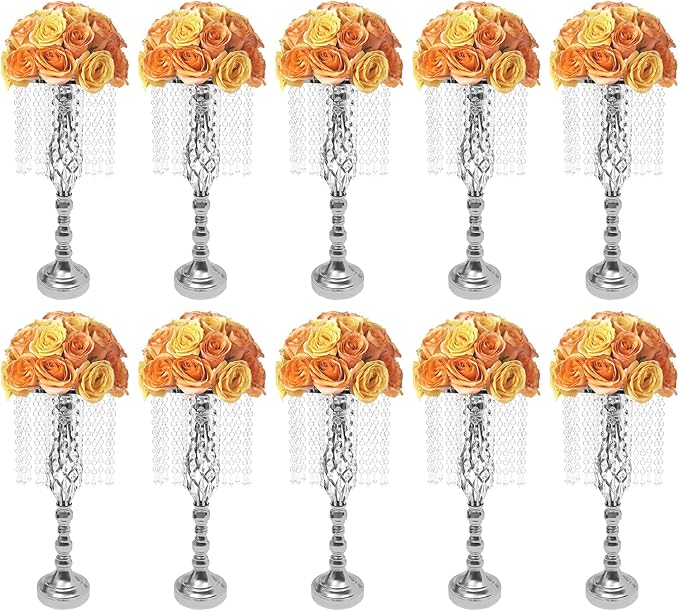 Wedding Centerpieces Gold Vases,10PCS Metal Flower Candle Holder with Sparkling Crystal Beads,Crystal Flower Vase Metal Flowers Stand for Party Tables Decorations (Sliver-10PCS-14CM)