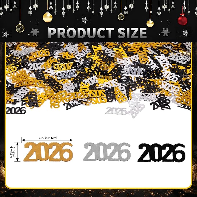 VHUWE 2026 New Years Confetti, 2.12 oz Shinny Metallic Black Gold Silver 2026 Number Confetti for Tables 2026 Happy New Year Decorations New Years Eve Party Supplies | Black Gold Silver