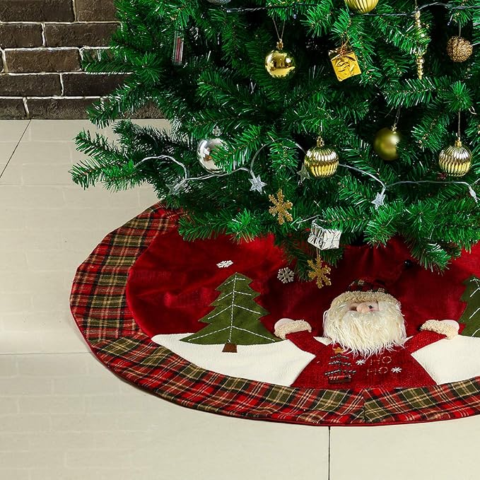 Sunnyglade 48" Christmas Tree Skirt Double-Layer Design Santa Pattern Burlap Christmas Tree Skirt with Buffalo Plaid Edges for Xmas Holiday Decorations (Plaid)