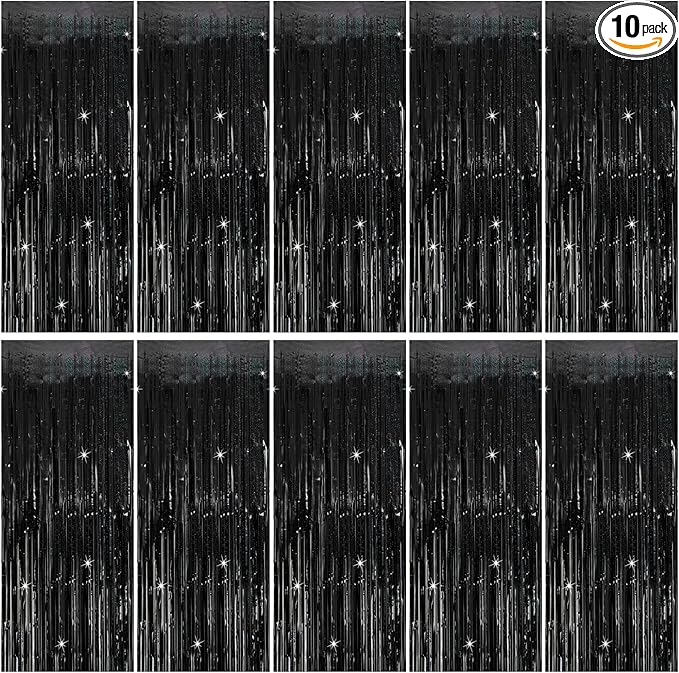 Tinsel Curtain Backdrop Black Birthday Party Decorations 10 Packs Glitter Foil Fringe Curtain Party Decor Streamers Photo Booth for Birthday Christmas Wedding Halloween Graduation Decorations