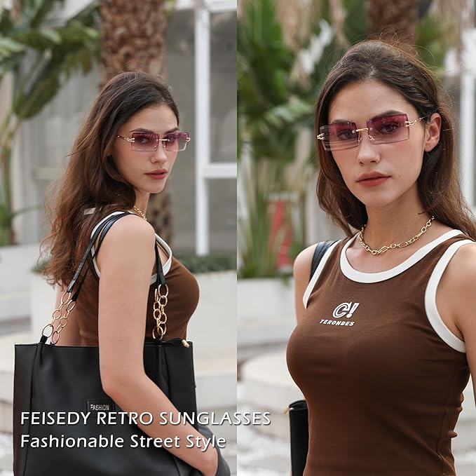FEISEDY Vintage Rimless Sunglasses Rectangle Frameless Candy Color Glasses Women Men B2642
