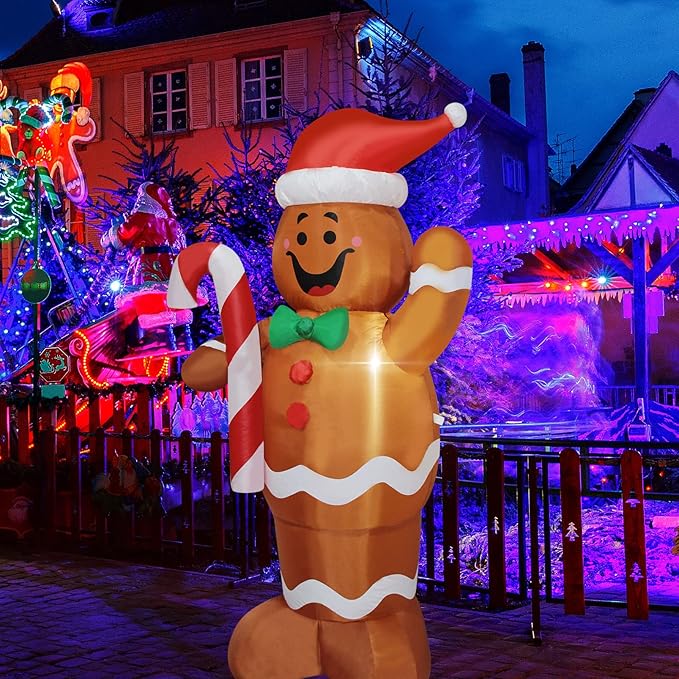 Christmas Inflatable Snowman/Nutcracker/Santa Claus Lighted Blow Up Christmas Yard Decoration with Built in Fan and Anchor Ropes (Gingerbread Man)