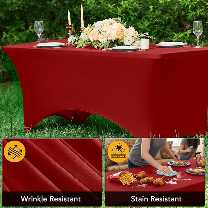 6-Pack Premium Red Spandex Tablecloths for 4ft Rectangle Tables, Stain & Wrinkle-Resistant, Washable Stretch Polyester Fitted Table Cover for Weddings, Banquets, Trade Shows Events