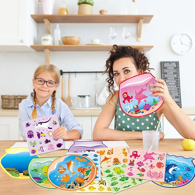 CY2SIDE 12 Sets Colorful Sorting Ocean Animal Scene Sticker Art Craft for Kids, Make A Summer Fish Tank Scene with Shark Tropical Stickers, DIY Summer Party Games for School Classroom Activities
