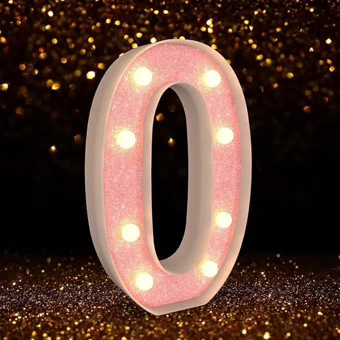 Marquee Light up Numbers 0-9, Battery Powered LED Light, Pink Glitter Plastic Sign, Night Light Decor for Graduation, Engagement, Wedding, Baby Shower, Birthday (Number 0)