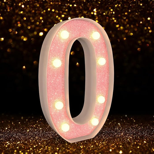 Marquee Light up Numbers 0-9, Battery Powered LED Light, Pink Glitter Plastic Sign, Night Light Decor for Graduation, Engagement, Wedding, Baby Shower, Birthday (Number 0)