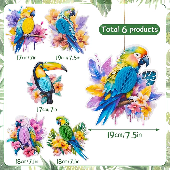 Tropical Birds Honeycomb Decorations, Parrot Honeycomb, Birds Hanging Decorations for Jungle Hawaiian Summer Beach Luau Party