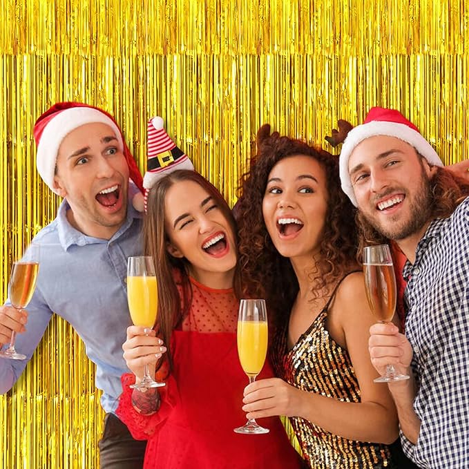 3 Pack Gold Foil Fringe Curtains Backdrop, 3.28 x 8.2 Ft Metallic Streamers Tinsel Curtains Background for Photo Booth, Birthday, Halloween, Christmas, Thanksgiving, New Year Party Decorations