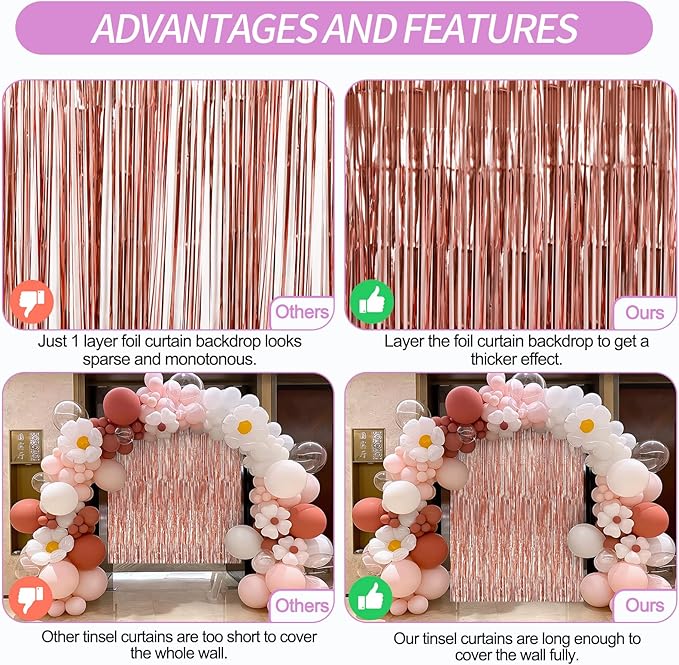 Crosize 5 Pack 3.3 x 9.9 ft Rose Gold Foil Fringe Curtains Party Decorations, Rose Gold Tinsel Curtain Backdrop for Parties, Door Streamers, Glitter Streamer Backdrop for Birthday Decoration