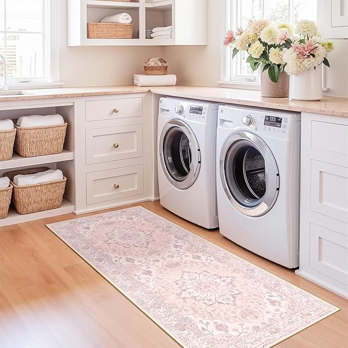 Area Rugs 2'x6' Washable Non-Slip, Floral Vintage Distress Print Pattern Medallion Carpet for Living Room Bedroom Dining Room, Pink Greypink Cute
