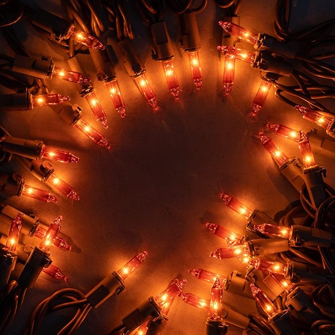 YULETIME Orange Christmas Lights with Brown Wire, 66 Feet 200 Count UL Certified String Lights, Pack of 2 Sets 33 Ft 100 Count Amber Incandescent Mini Light Set (Orange)