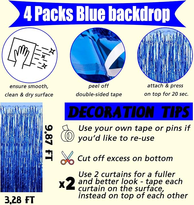 4 Pack Blue Fringe Curtain Backdrop, 3.2Ft x 9.8Ft Metallic Tinsel Foil Fringe Streamers Background for Photo Booth Birthday Wedding Baby Shower Easter Shark Pool Ocean Underwater Party Decorations