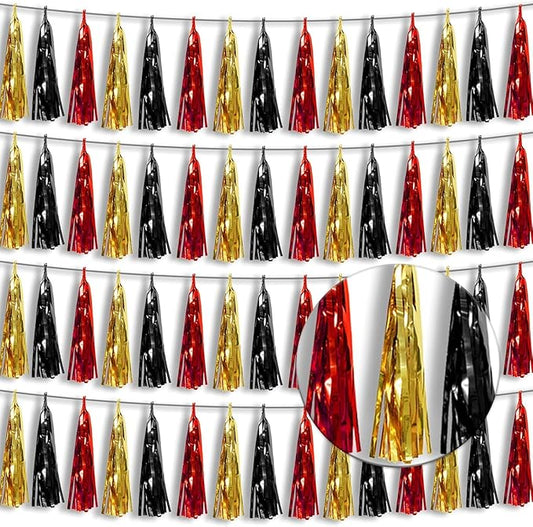 4P Red-Black Gold Foil Fringe Tassel Banner Garland Metallic Tinsel Streamers Wall Hanging Curtain Backdrop Banners for Parade Floats, 2025 Graduation Decorations, Baby Bridal Shower Party Decoration