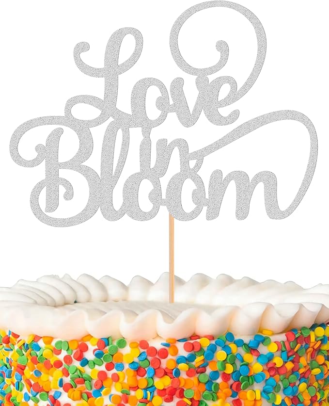 Love in Bloom Cake Topper - Glitter Silver Bridal Shower Cake Decoration, Wedding & Engagement Cake Pick (Silver)