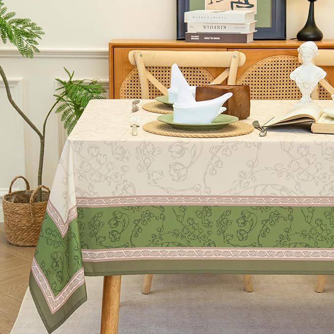 Green Floral Toile Tablecloth Waterproof- Rectangular Vintage Table Cover for Kitchen Parties Coffee Tables, Boho Table Cloth Perfect for Spring Home Decor, W60 x L84