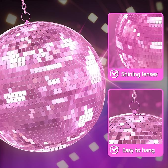 12 inch Pink Disco Ball, Hanging Mirror Ball, Wedding Decoration Disco Light Ball, Stage Lighting Effect，12/16/20 inch Home,Stage and Bar Glittering Decoration (12inch-Pink)