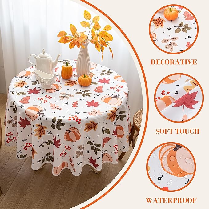 Thanksgiving Waterproof Tablecloth – Fall Harvest Pumpkins, Maple Leaves & Berries Print – Autumn Rectangle Table Cover for Dining or Party, White, 60" Round