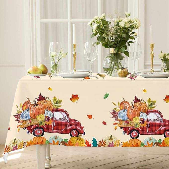 3Pcs Fall Pumpkin Truck Tablecloth, 54 x 108 Inch Thanksgiving Harvest Plastic Table Cover, Disposable Autumn Maple Leaf Table Cloth for Farmhouse Thanksgiving Fall Party Decorations