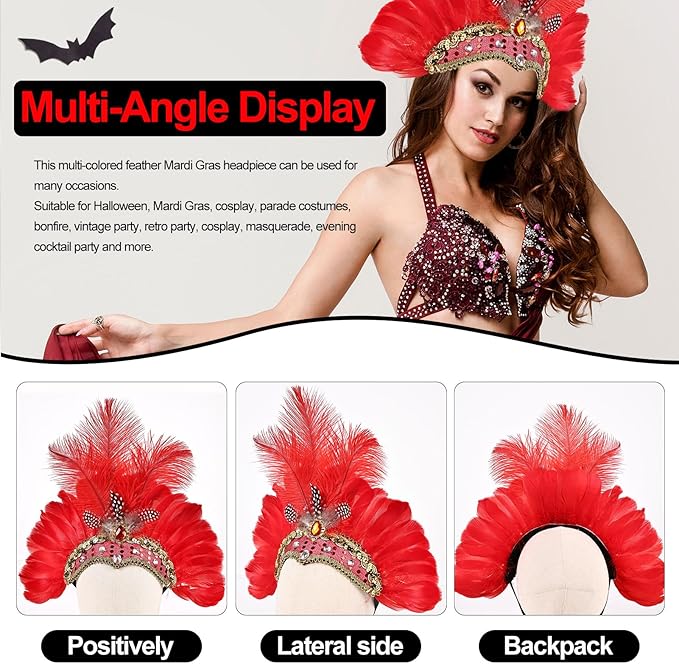 Women's Carnival Feather Headpieces Sequin Headdress for Wedding Masquerade Party Cosplay Feather Headbands