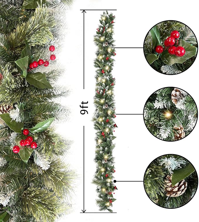 9ft Christmas Garland with Lights,Lighted Artificial Flowering Pine Garland for Mantle,Prelit Faux Green Christmas Winter Garland with Pine Cones and Red Berry for Indoor Outdoor Decor