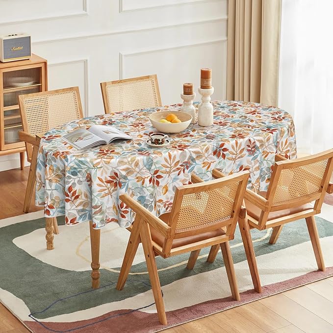Horaldaily Fall Tablecloth 60×84 Inch Oval, Thanksgiving Autumn Harvest Orange Blue Watercolor Leaf Table Cover for Party Picnic Dinner Decor