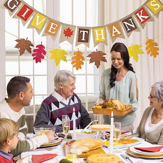 Give Thanks Burlap Banner Thanksgiving Decorations Maple Leaves Glitter Banner for Thanksgiving Party Fall Harvest Supplies Fireplace Mantle Decor