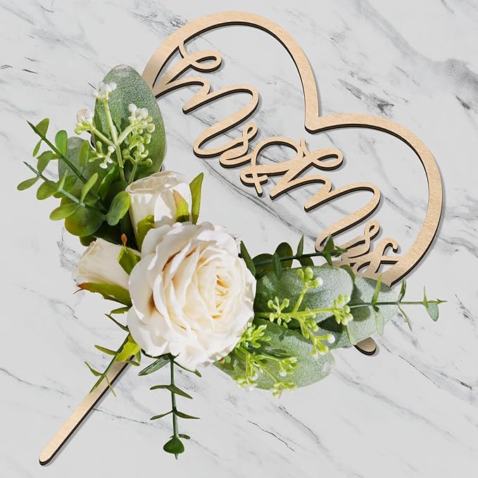 Mr & Mrs Wedding Cake Topper in Wood Heart Cake Topper with Flowers and Leaves