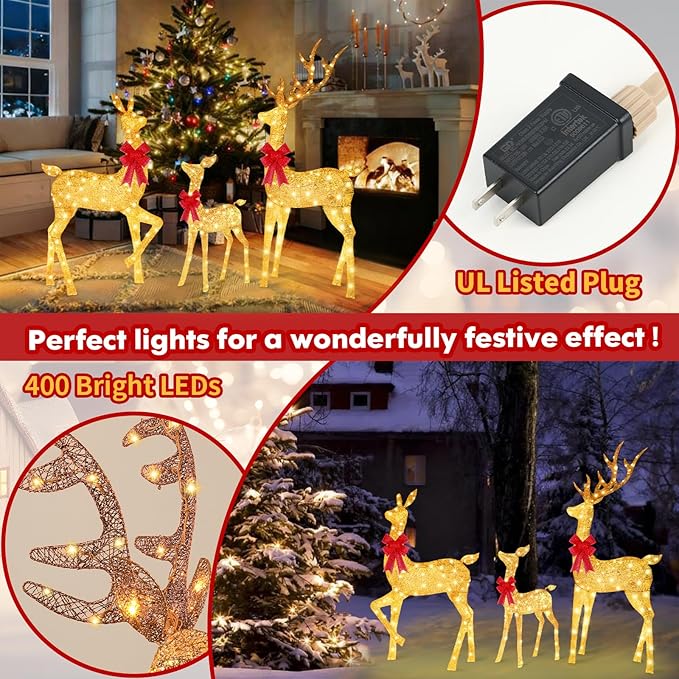 3-Piece Reindeer Outdoor Christmas Decoration, 6.7FT Large Lighted Christmas Deer Family Set, Outdoor Reindeer Xmas Decorations Yard with 400 LED Lights, Stakes, Zip Ties - Gradient Gold