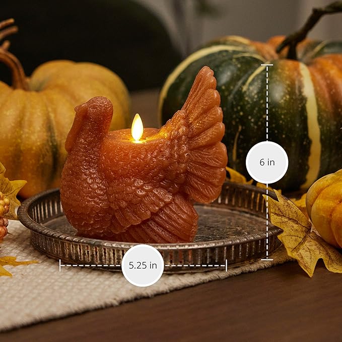 Luminara Flameless Fall Harvest Decor - Turkey Figural LED Candle Natural Color, Adobe, 5.3" x 7.5" Real Wax Moving Flame Battery Operated w/Timer