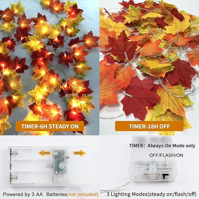 Fall Decorations Leaves Garland with Lights,Home Maple Leaf String Lights Multicolored 2 Pack 40FT 80LED Battery Operated with Timer,for Autumn Harvest Table Fireplace Porch Thanksgiving Indoor Decor