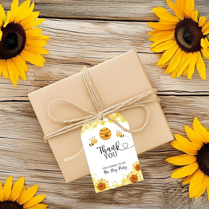 G2PLUS 50Pcs Bee Thank You Tags, Thank You for Coming Tags for Gender Reveal, White Paper Sunflower Bee Gift Tag with String for Baby Shower, 1st Birthday, Wedding Bridal Shower Party Favors