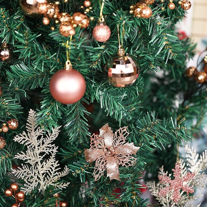 Sratte 94 Pcs Christmas Tree Decorations Set, Christmas Tree Ball Ornaments Glitter Poinsettia Flowers Decorations Glitter Berries Stems for Xmas Holiday Wedding(Rose Gold)