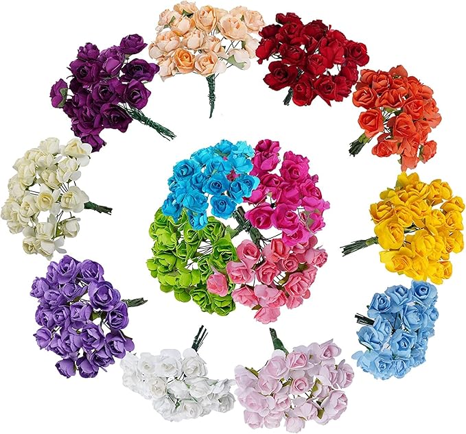 144pcs Mulberry Paper Mini Roses Artificial Flowers Heads with Stems for DIY Crafts Accessories Make Bridal Hair Clips Headbands Dress Wedding Bridal Bouquet Party Home Decor Valentine's (Light Green)