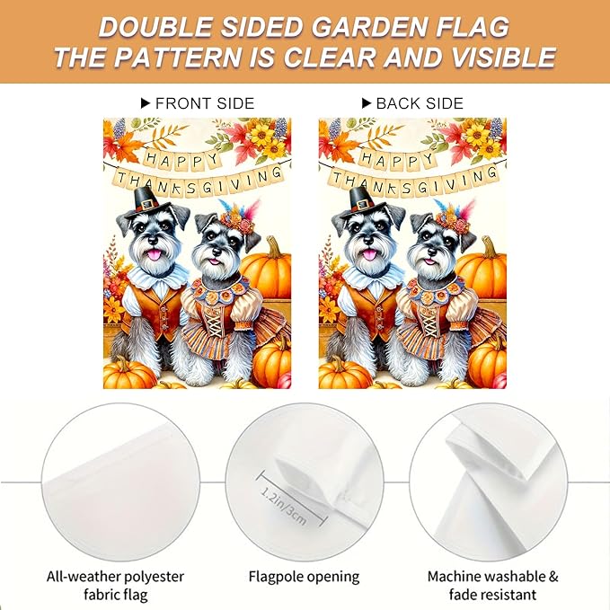 Happy Thanksgiving Garden Flag Dressed Up Schnauzers Pilgrims Pumpkins Autumn Decor 12x18 Inch Double Sided Outdoor Banner For Front Yard Porch Lawn Patio Seasonal Home Decoration Festive