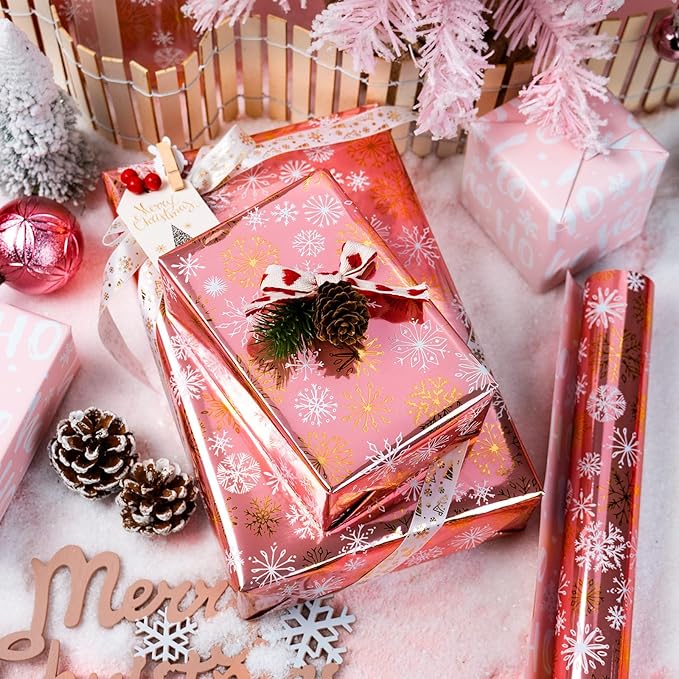 MAYPLUSS Pink Christmas Wrapping Paper Roll - 17IN X 33FT - Christmas Gift Wrapping Paper Featuring Gold and White Snowflake Reversible HO for Kids, Holiday, New Year