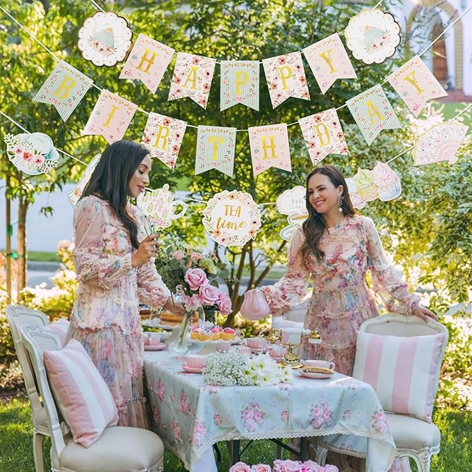 SUNBEAUTY Floral Tea Party Birthday Decorations Tea Happy Birthday Banner Floral Garland Birthday Banner for Alice in Wonderland Tea Party Decorations Photo Booth Backdrop | Pre-Strung