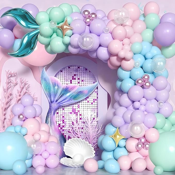 Mermaid Balloon Arch Kit Purple Pastel Pink light Blue Balloons with Mermaid Tails Foil Balloons Garland for Ocean Themed Party Baby Shower Decorations