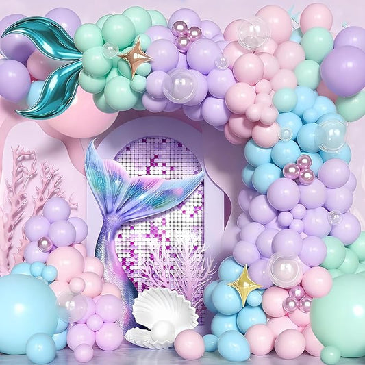 Mermaid Balloon Arch Kit Purple Pastel Pink light Blue Balloons with Mermaid Tails Foil Balloons Garland for Ocean Themed Party Baby Shower Decorations