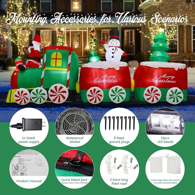11 FT Christmas Inflatable Train Decoration with Santa Claus, Red & Green, Multicolor LED Lights, Weather Resistant