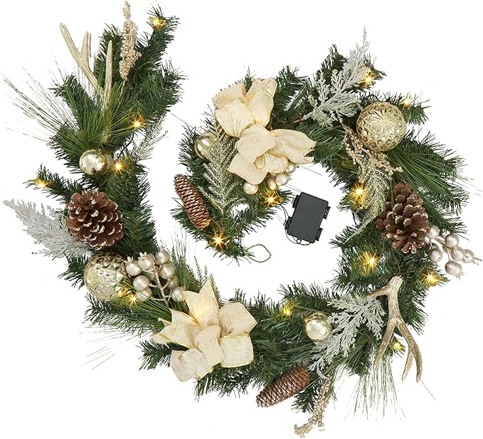 GarveeHome Christmas Garland with Lights for Mantle 6 ft, Lighted Outdoor Xmas Garland with 20 Battery Operated LED Gold Balls Pine Cones Antlers for Fireplace Front Door Stair Railing Window Decor