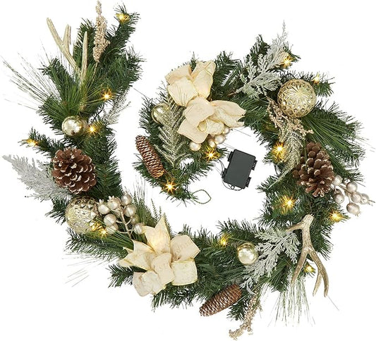 GarveeHome Christmas Garland with Lights for Mantle 6 ft, Lighted Outdoor Xmas Garland with 20 Battery Operated LED Gold Balls Pine Cones Antlers for Fireplace Front Door Stair Railing Window Decor